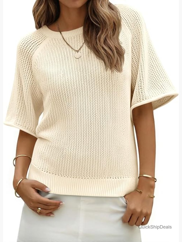 Lightweight Crochet Knit Sweater Top With Bell Sleeves